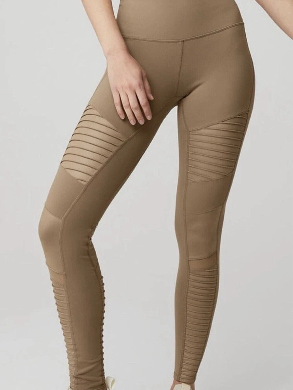 Alo  High-Waist Moto Leggings Gravel Tan Taupe Ribbed Mesh Women's Size S